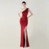 One-Shoulder Satin Pleated Slim-Fit Mermaid Evening Dress High Slit Party Wedding
