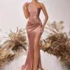 One Shoulder Backless Ruched Slim Fit Slit Midi Evening Party Dress