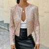 Spring Womens Sequin Block Stand Collar Short Slim Zip Casual Jacket