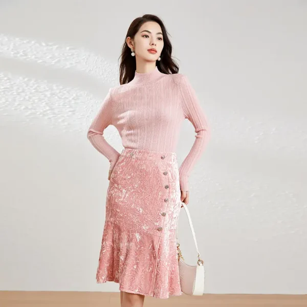 Pink Crushed Velvet High-Waisted Midi Bodycon Skirt Button Office Petite