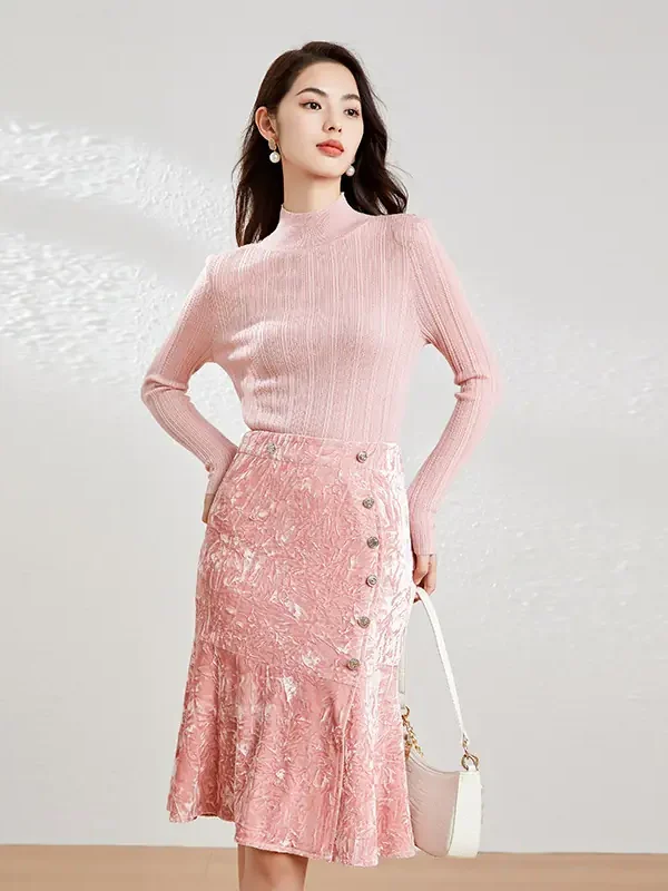 Pink Crushed Velvet High-Waisted Midi Bodycon Skirt Button Office Petite