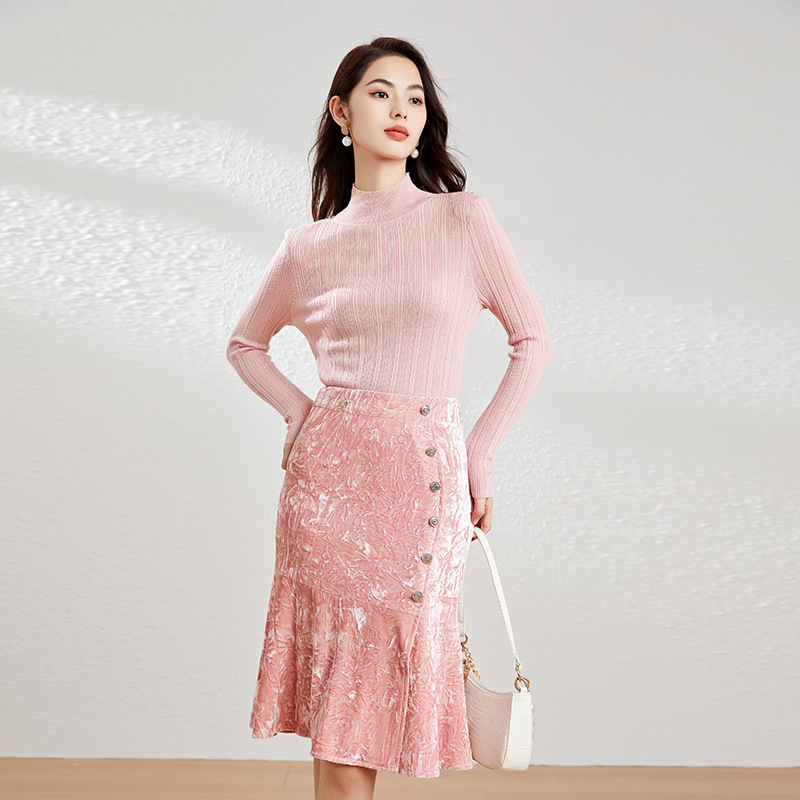 Pink Crushed Velvet High-Waisted Midi Bodycon Skirt Button Office Petite