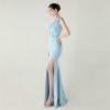 One-Shoulder Satin Pleated Slim-Fit Mermaid Evening Dress High Slit Party Wedding
