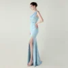 One-Shoulder Satin Pleated Slim-Fit Mermaid Evening Dress High Slit Party Wedding