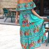 Off Shoulder Floral Digital Print Maxi Flared Plus Size Dress