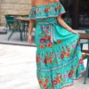 Off Shoulder Floral Digital Print Maxi Flared Plus Size Dress