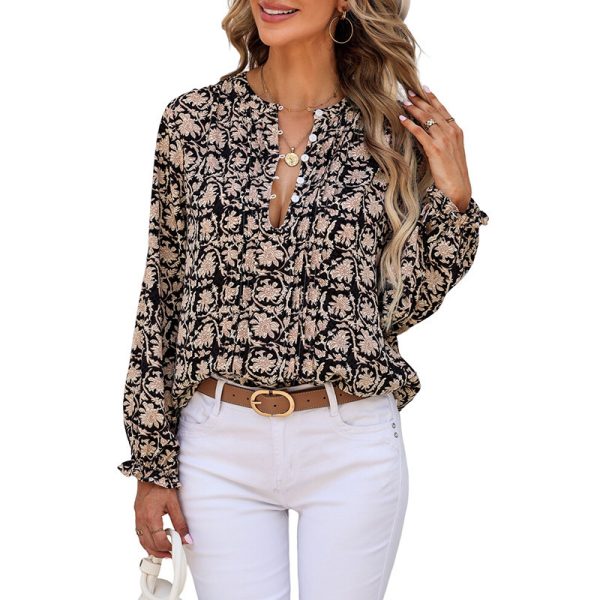 Womens Floral Print V-Neck Long Sleeve Slim Office Blouse