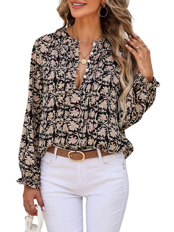 Womens Floral Print V-Neck Long Sleeve Slim Office Blouse