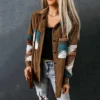 Womens Street Style Western Print Corduroy Loose Mid-Long Shirt Jacket