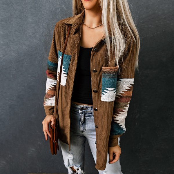 Womens Street Style Western Print Corduroy Loose Mid-Long Shirt Jacket