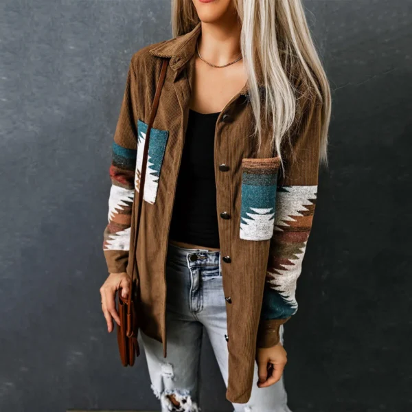 Womens Street Style Western Print Corduroy Loose Mid-Long Shirt Jacket
