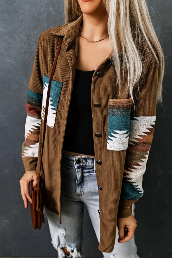 Womens Street Style Western Print Corduroy Loose Mid-Long Shirt Jacket