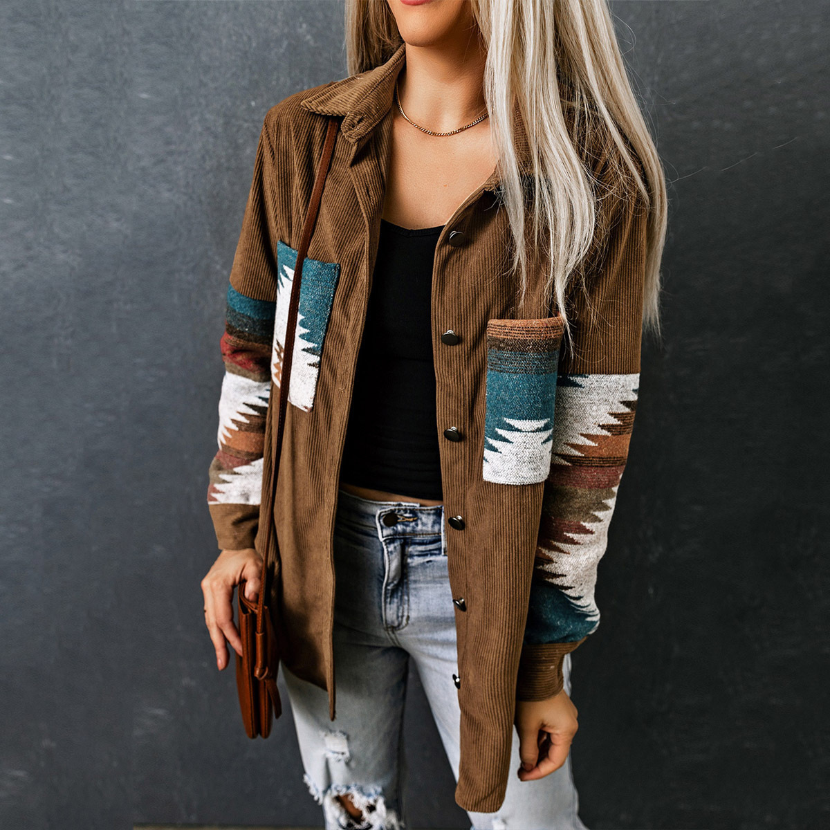 Womens Street Style Western Print Corduroy Loose Mid-Long Shirt Jacket