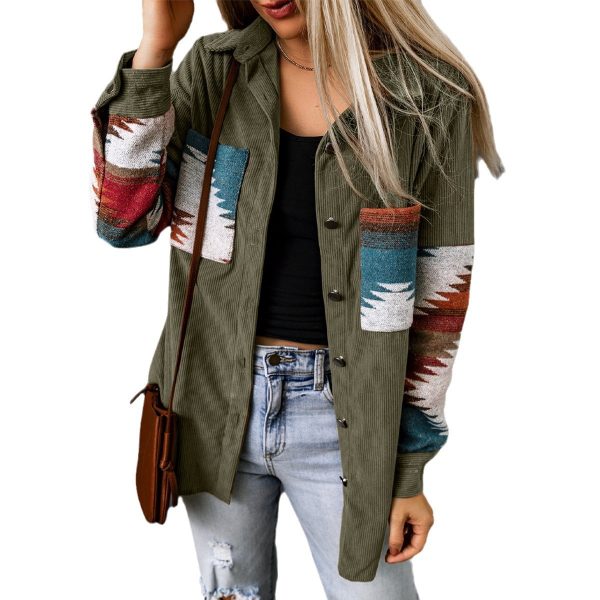 Womens Street Style Western Print Corduroy Loose Mid-Long Shirt Jacket