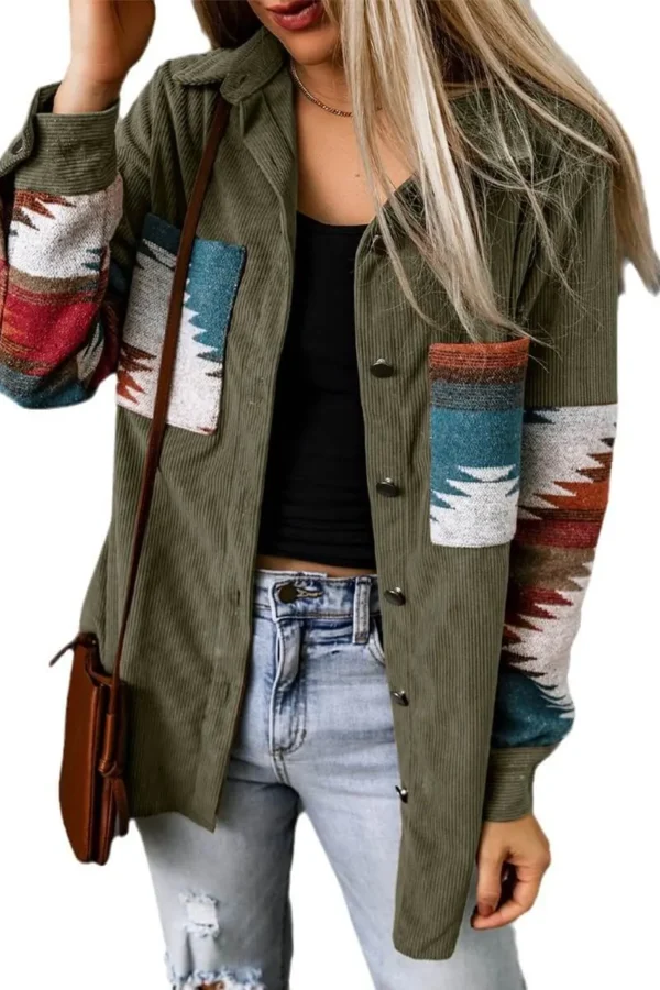 Womens Street Style Western Print Corduroy Loose Mid-Long Shirt Jacket
