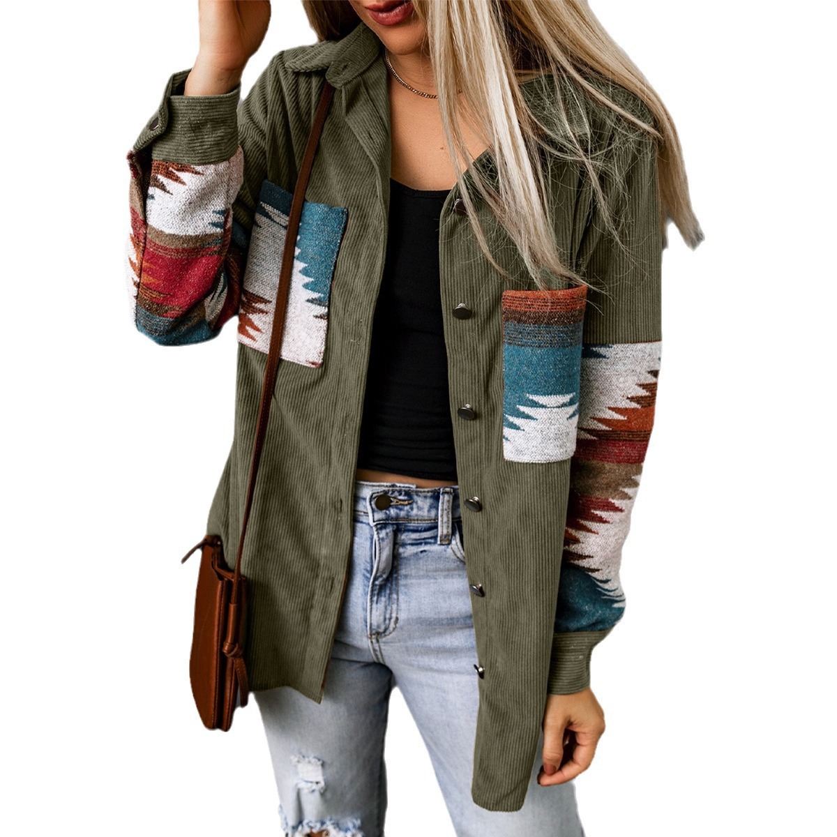 Womens Street Style Western Print Corduroy Loose Mid-Long Shirt Jacket
