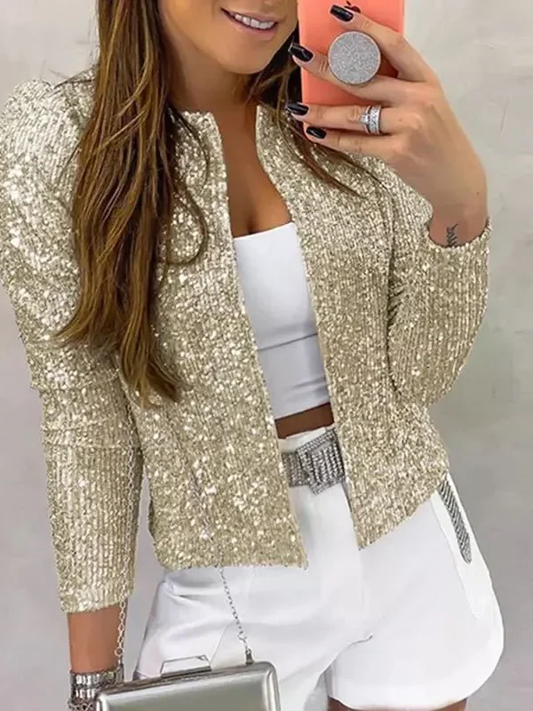 Spring Womens Sequin Block Stand Collar Short Slim Zip Casual Jacket