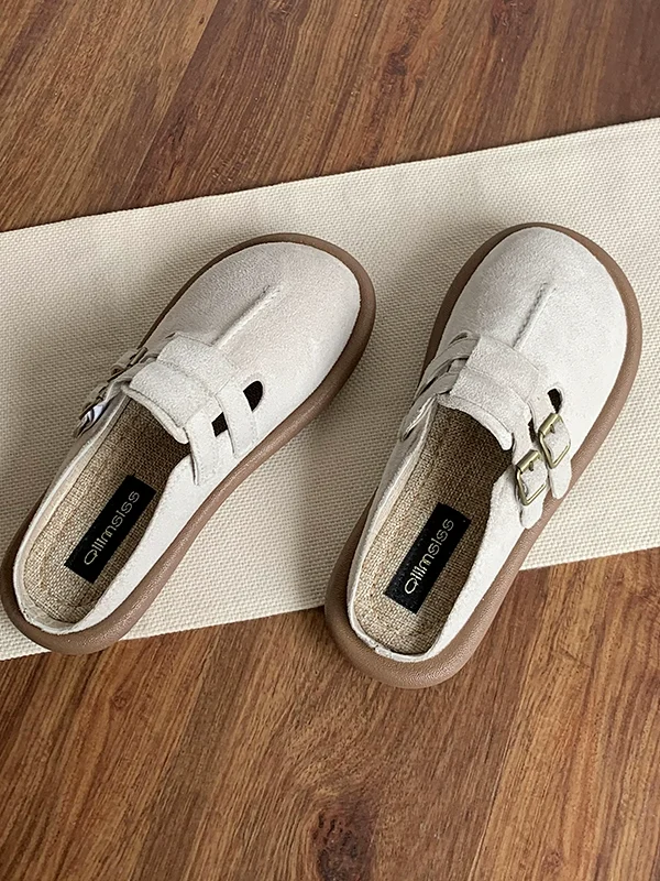 Womens Casual Slip-On Clogs Suede Buckle Hollow Anti-Slip Rubber Sole