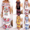 Off Shoulder Floral Digital Print Maxi Flared Plus Size Dress