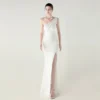 One-Shoulder Satin Pleated Slim-Fit Mermaid Evening Dress High Slit Party Wedding