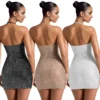 Halter Neck Rhinestone Bodycon Mini Dress Elegant High Waist