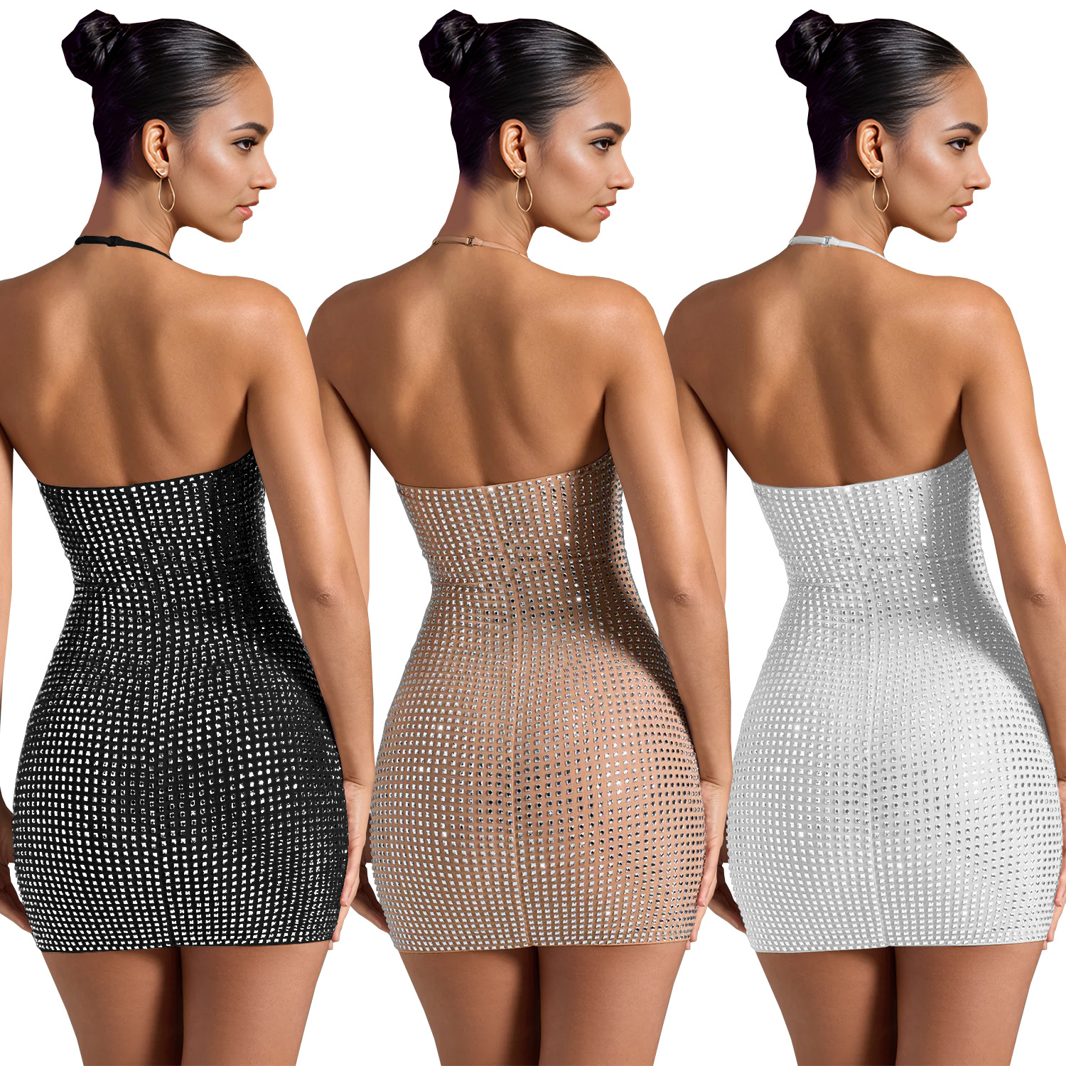 Halter Neck Rhinestone Bodycon Mini Dress Elegant High Waist