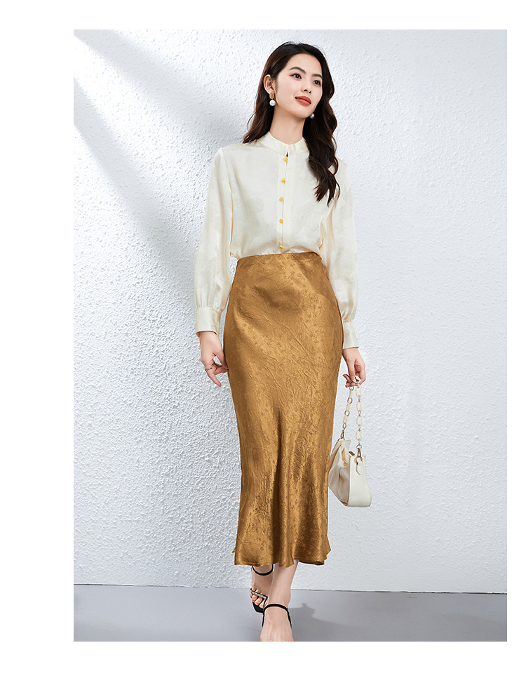 Gold Jacquard Acetate Mermaid Long Skirt High Waist Silky Bodycon Lady