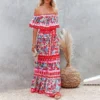Off Shoulder Floral Digital Print Maxi Flared Plus Size Dress