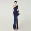 One-Shoulder Satin Pleated Slim-Fit Mermaid Evening Dress High Slit Party Wedding