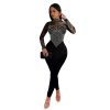 Womens Elegant Office Tulle Jumpsuit Rhinestone Long Sleeve Pants Black Apricot