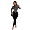 Womens Elegant Office Tulle Jumpsuit Rhinestone Long Sleeve Pants Black Apricot