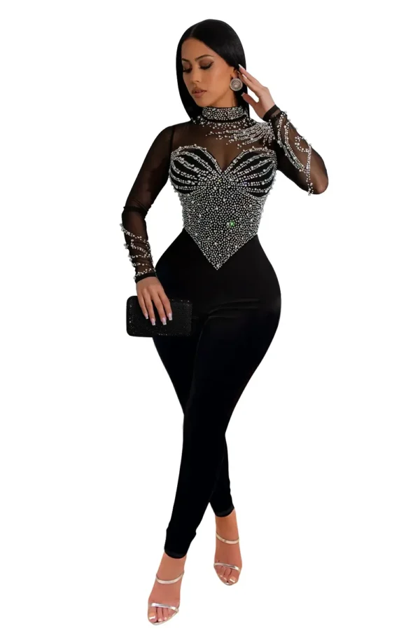 Womens Elegant Office Tulle Jumpsuit Rhinestone Long Sleeve Pants Black Apricot