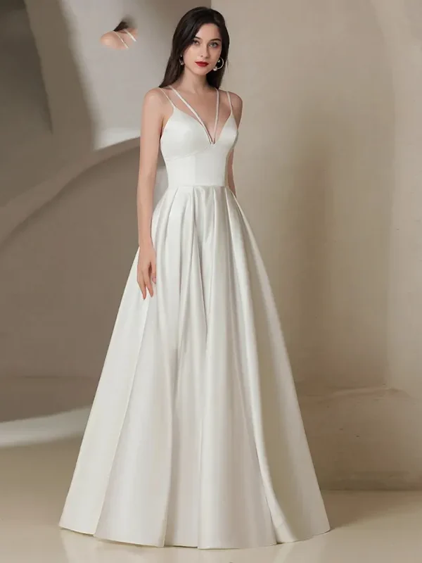 Elegant White Satin Backless V-Neck Sleeveless FloorLength Evening Dress