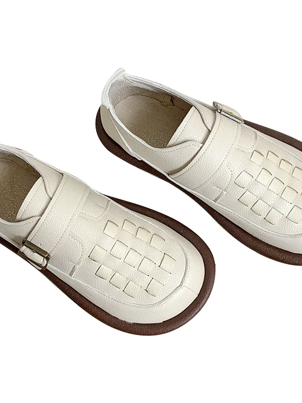 Womens Woven Buckle Loafers Round Toe Soft Rubber Sole Slip-On Casual Shoes