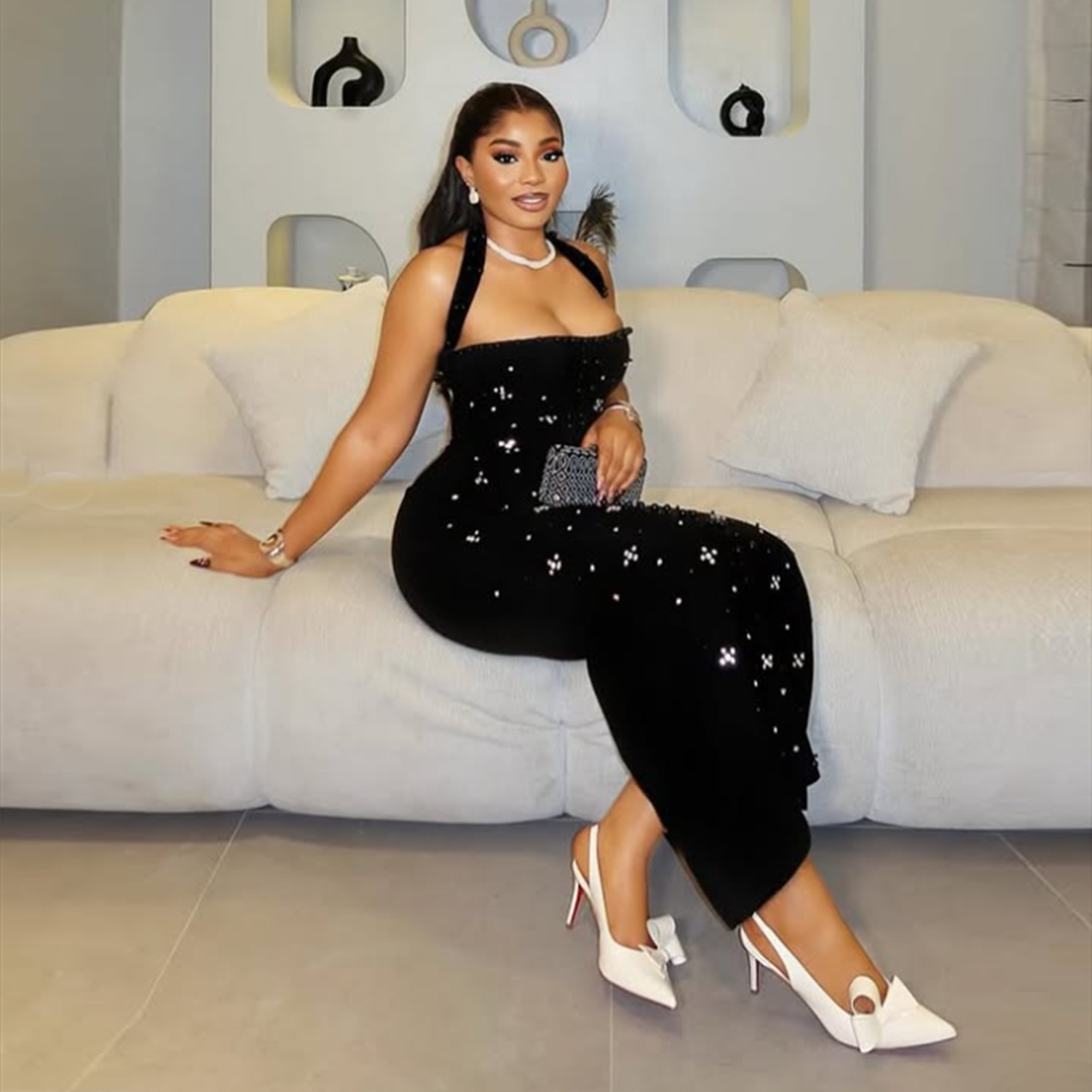 Halter Sleeveless Rhinestone Beaded Bodycon Maxi Dress