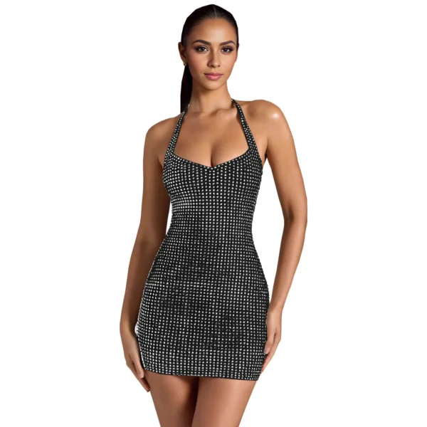 Halter Neck Rhinestone Bodycon Mini Dress Elegant High Waist