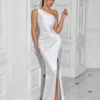 One Shoulder Backless Ruched Slim Fit Slit Midi Evening Party Dress