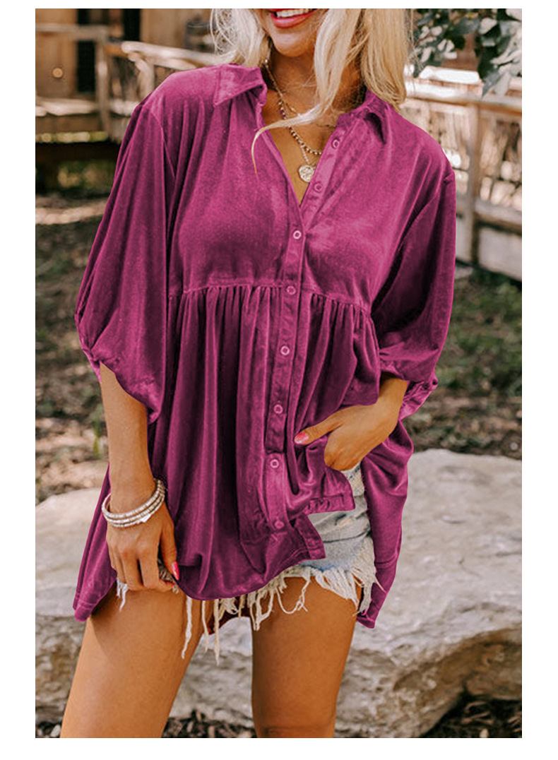 Womens Velvet Solid Loose Midi 3/4 Sleeve Lapel Single-Breasted Shirt