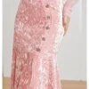 Pink Crushed Velvet High-Waisted Midi Bodycon Skirt Button Office Petite