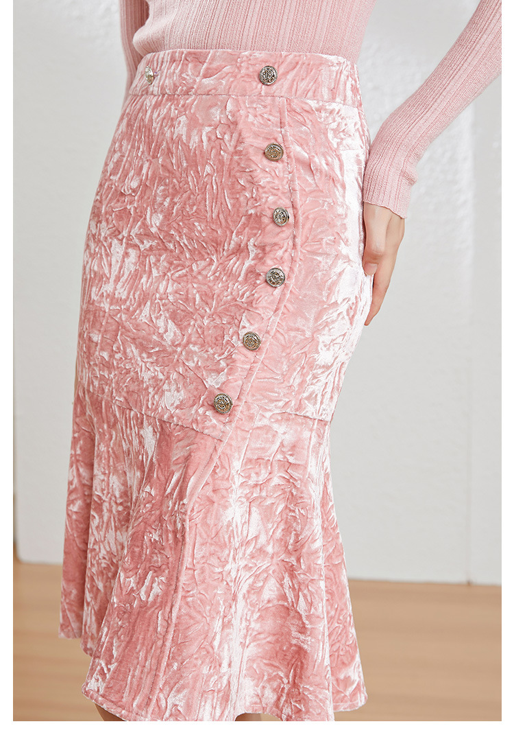 Pink Crushed Velvet High-Waisted Midi Bodycon Skirt Button Office Petite