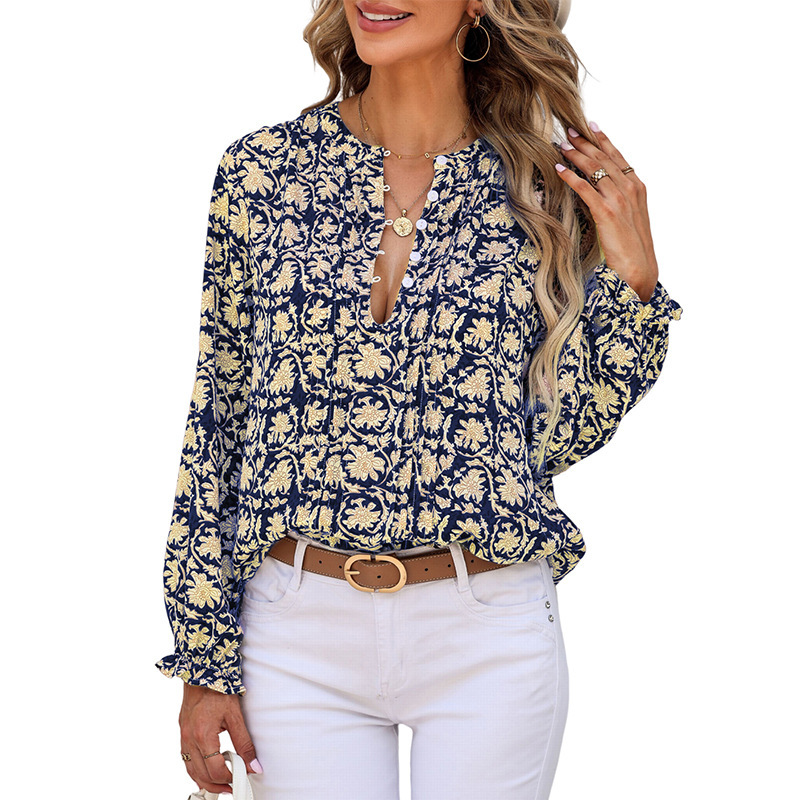 Womens Floral Print V-Neck Long Sleeve Slim Office Blouse