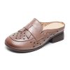 Womens Summer Top-Grain Leather Mules Closed Toe Chunky Heel Hollow Out Breathable