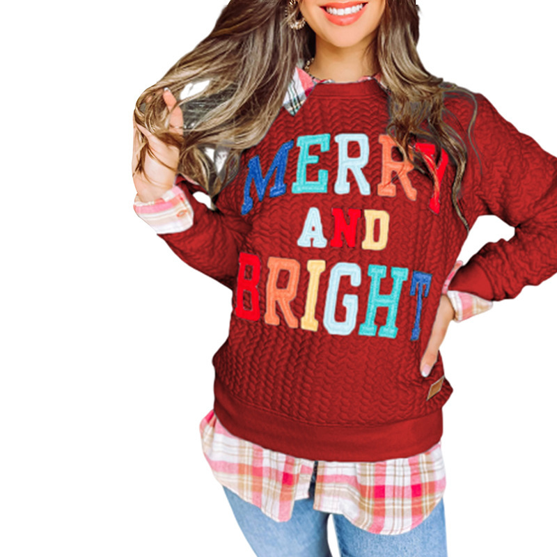 Womens Casual Loose Crew Neck Sweatshirt Colorful Letter Applique Contrast Long Sleeve