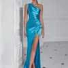 One Shoulder Backless Ruched Slim Fit Slit Midi Evening Party Dress