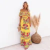 Off Shoulder Floral Digital Print Maxi Flared Plus Size Dress
