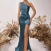One Shoulder Backless Ruched Slim Fit Slit Midi Evening Party Dress