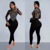 Womens Elegant Office Tulle Jumpsuit Rhinestone Long Sleeve Pants Black Apricot