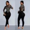 Womens Elegant Office Tulle Jumpsuit Rhinestone Long Sleeve Pants Black Apricot