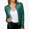 Spring Womens Sequin Block Stand Collar Short Slim Zip Casual Jacket