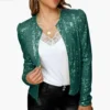 Spring Womens Sequin Block Stand Collar Short Slim Zip Casual Jacket